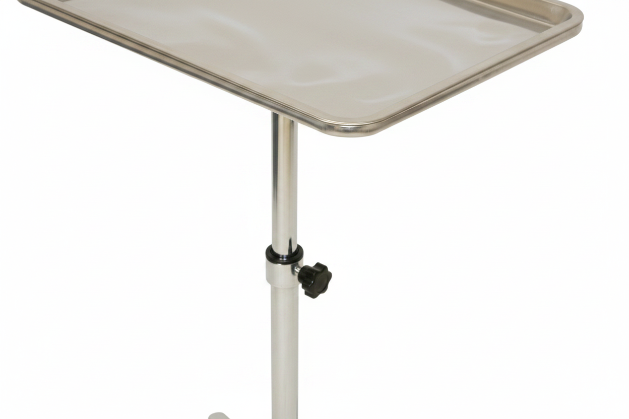 Close-up of chrome salon tray trolley showing steel tray surface, five-wheel swivel base, and height adjustment mechanism